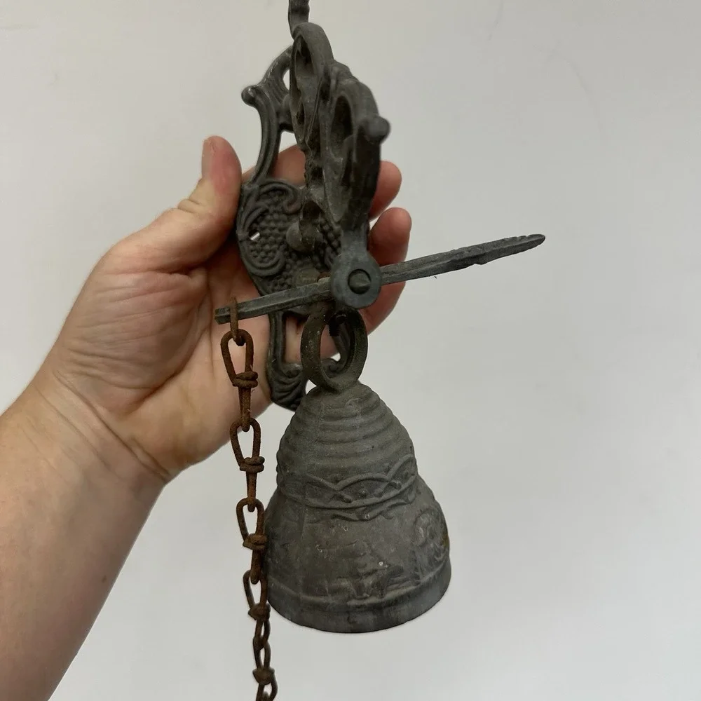 Vintage Brass Wall-Mounted Door Monastery Bell W/ Chain & Pull Handle Patina